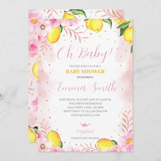 Blommigt Lemonade Baby Shower Inbjudningar (Fram/baksida)