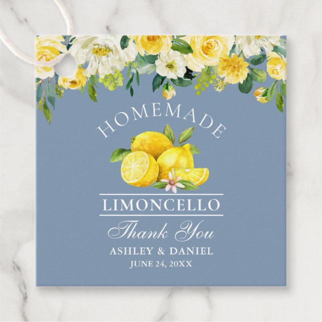 Blommigt Lemons Dusty Blue Limoncello Bröllop Gåvor Etiketter (Framsida)