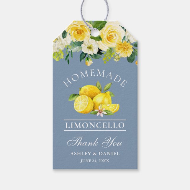 Blommigt Lemons Dusty Blue Limoncello Bröllop Presentetikett (Framsidan)
