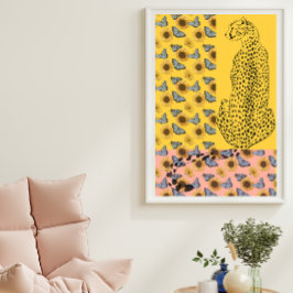 Blommigt Leopard Cheetah Solros gult och rosa Poster