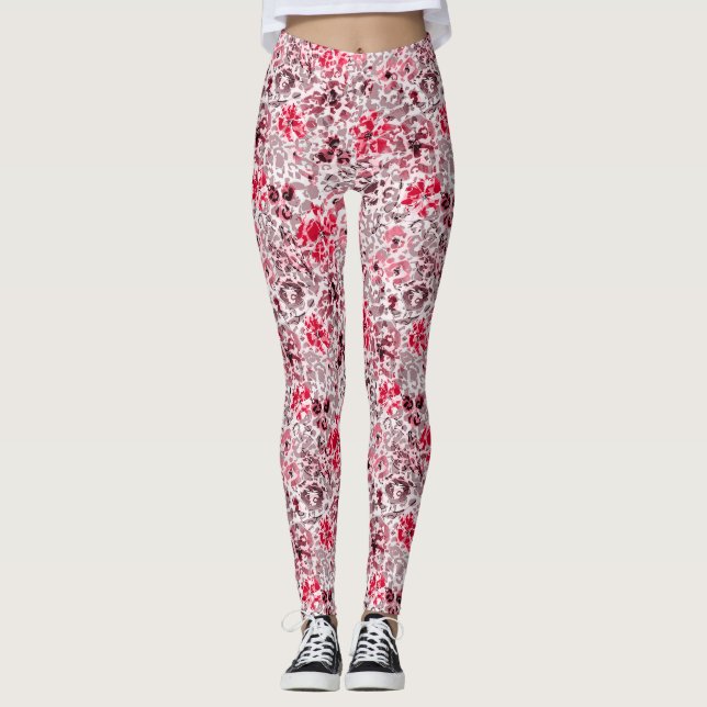 Blommigt,leopard,Röd och vit, röd, vit, spotte Leggings (Framsida)