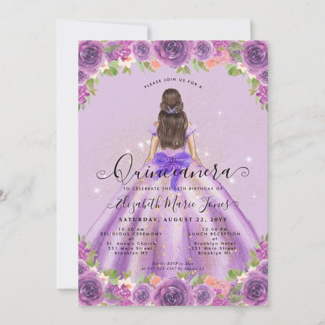 Blommigt Light Lila Guld Glam Princess Quinceanera Inbjudningar (Framsida)