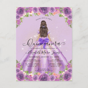 Blommigt Light Lila Guld Glam Princess Quinceanera Vykort