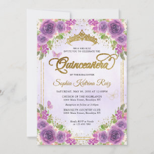 Blommigt Light Lila Guld Glitter Krona Quinceañera Inbjudningar