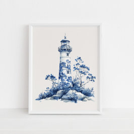 Blommigt Lighthouse - Kustblått på Beige Wall Art Poster