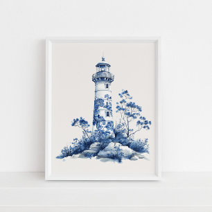 Blommigt Lighthouse - Kustblått på Beige Wall Art Poster