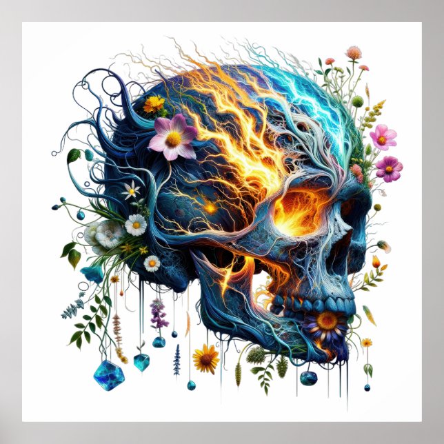 Blommigt Lightning Skull Poster (Framsidan)