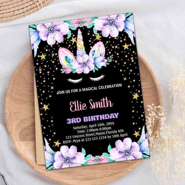 Blommigt Lila Black Unicorn Birthday-inbjudningar Inbjudningar (Floral Purple Black Unicorn Birthday Invitations)