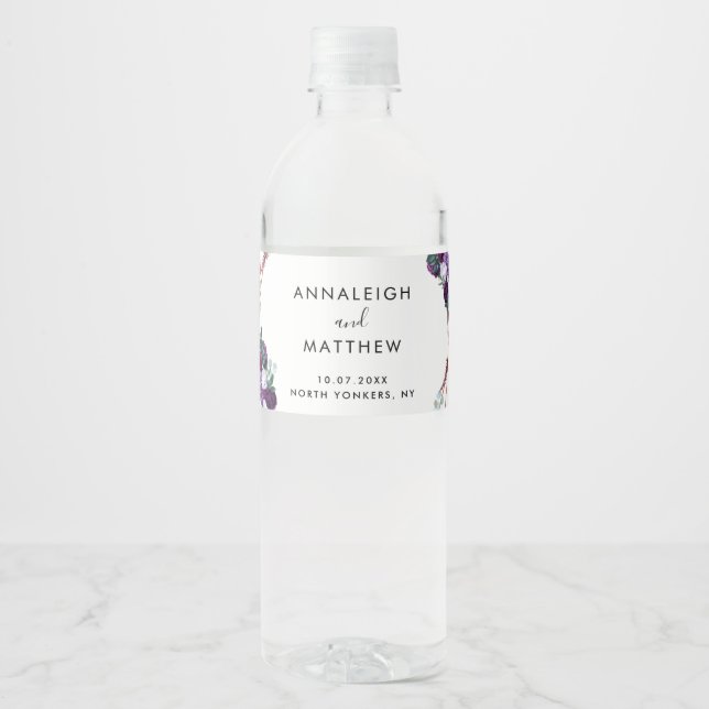 Blommigt Lila Botaniska Guests Bröllop Vattenflaskor Etikett (Framsida)