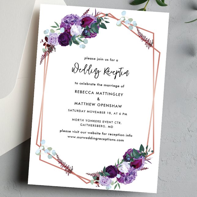 Blommigt Lila botaniskt bröllop mottagning Inbjudningar (Purple Floral Geometric Script Wedding Reception Enclosure Card)
