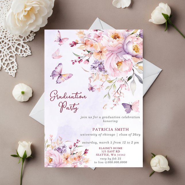 Blommigt Lila Butterflies Photo Studentfest Inbjudningar (Floral Purple Butterflies Photo Graduation Party Invitation)