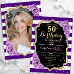Blommigt Lila Guld Foto 50:e födelsedagen Inbjudningar<br><div class="desc">Femininininbjudan till elegantens blommigt på 50 års födelsedag med ditt foto på baksidan av kortet. Glam lila svartvit design med faux glitter guld. Funktioner rand, lila ro, skriptteckensnitt och kontur. Perfekt för en snyggt vuxen under firande party. Anpassa med dina egna detaljer. Kan anpassas för vilken ålder som helst! Skrivna...</div>