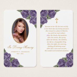 Blommigt Lila Guld Memorial Funeral Prayer Card Visitkort