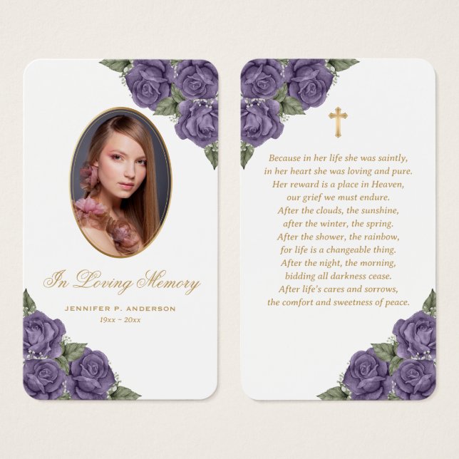 Blommigt Lila Guld Memorial Funeral Prayer Card Visitkort (Framsida & baksida)