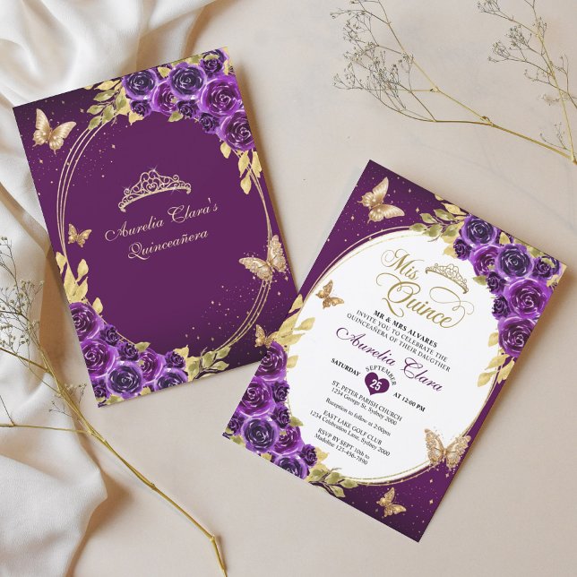 Blommigt Lila Guld Tiara Butterfly Mis Quinceañera Inbjudningar (Skapare uppladdad)