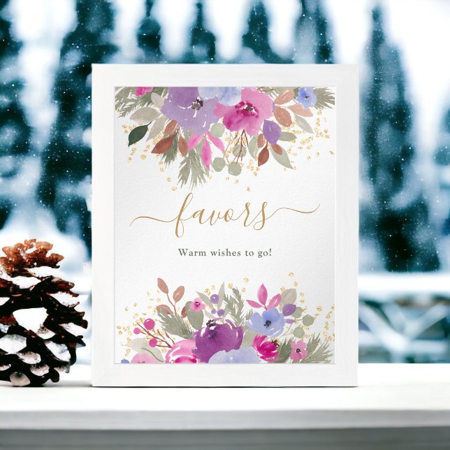 Blommigt Lila Guld Winter gynnar möhippa Poster (Floral Purple Gold Winter favors bridal shower Poster)
