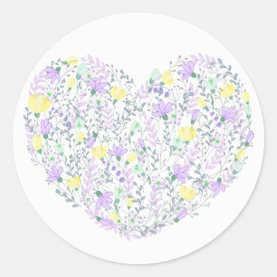 Blommigt Lila Heart med lavender Flowers Bröllop Runt Klistermärke
