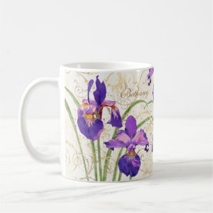 Blommigt Lila Iris Guld Damask Monogram Namn Kaffemugg
