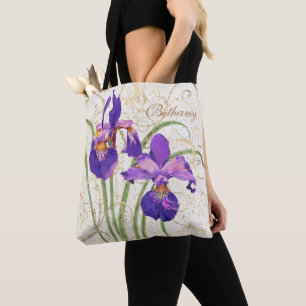 blommigt Lila Iris Guld Damask Monogram Namn Tygkasse