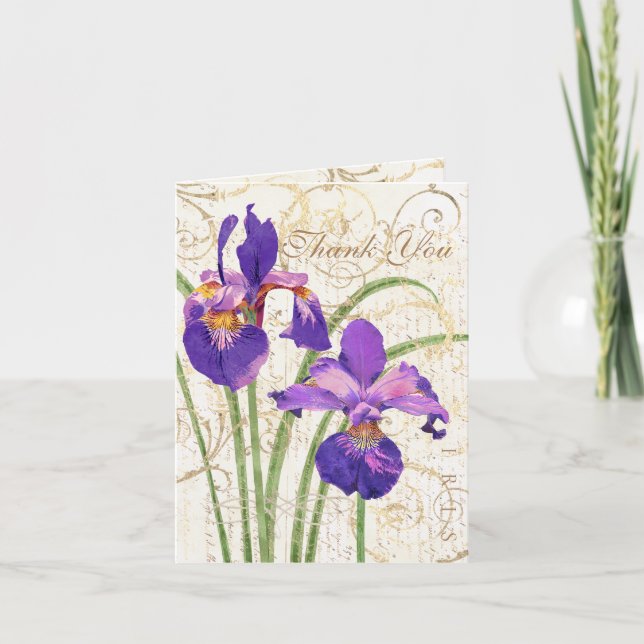 Blommigt Lila Iris Guld Damask White Tack Kort (Framsida)