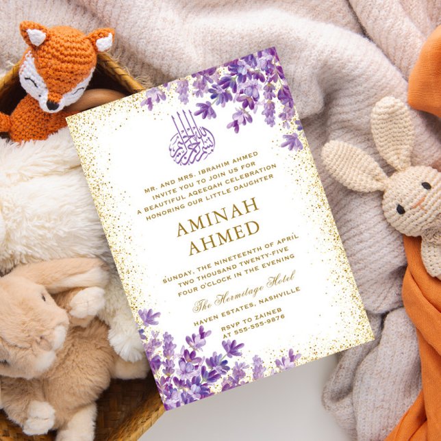 Blommigt Lila Lavender Islamic Aqiqa Aqeqa Baby Inbjudningar (Skapare uppladdad)