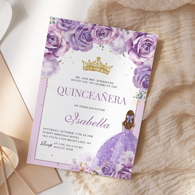 Blommigt Lila Lilac Quinceanera Guld Princess Inbjudningar (Skapare uppladdad)