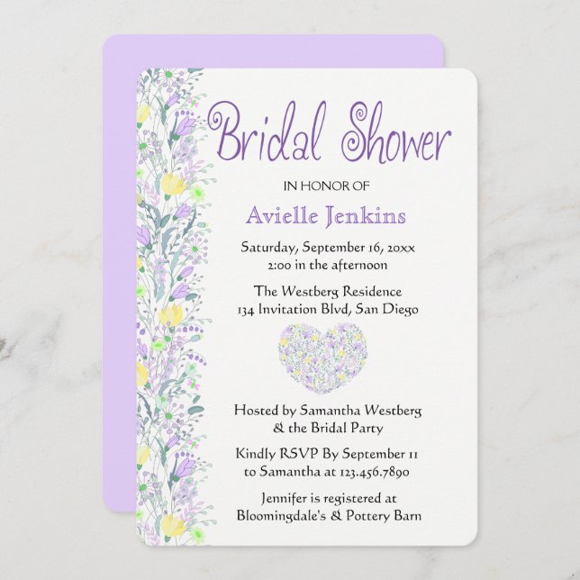 Blommigt Lila Möhippa Lavender Flowers Inbjudningar (Fram/baksida)