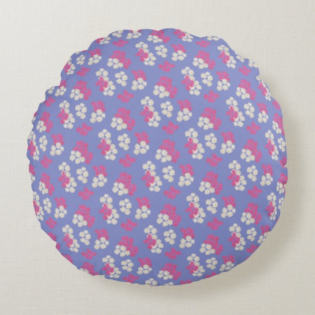 Blommigt Lila Mönster Round Cushion Rund Kudde (Framsidan)