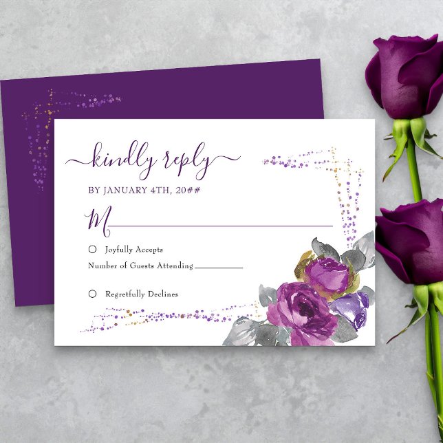 Blommigt Lila och Guld Confett Simple Bröllop OSA Kort (Elegant purple floral rsvp card from my Plush Purple Wedding Collection )