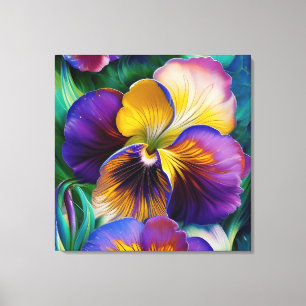 Blommigt Lila och guld Pansy Blue grönt löv Canvastryck