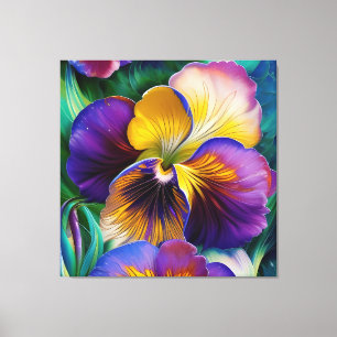 Blommigt Lila och guld Pansy Blue grönt löv Canvastryck