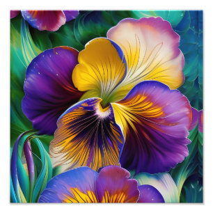 Blommigt Lila och guld Pansy Blue grönt löv Fototryck