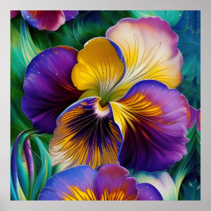 Blommigt Lila och guld Pansy Blue grönt löv Poster