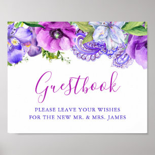 Blommigt Lila Paisley Bröllop Guestbook-tecken Poster