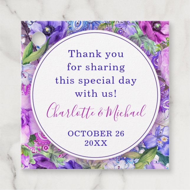 Blommigt Lila Paisley Tack Bröllop Gåvor Etiketter (Framsida)