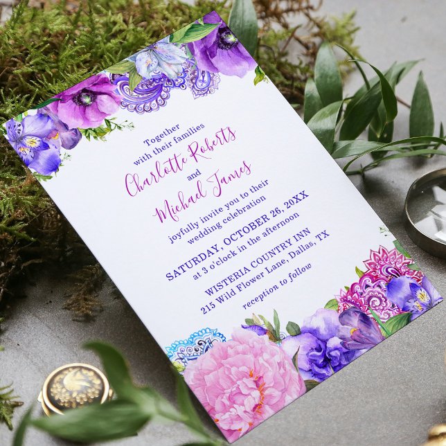 Blommigt Lila Paisley Watercolor Bröllop Inbjudningar (Skapare uppladdad)