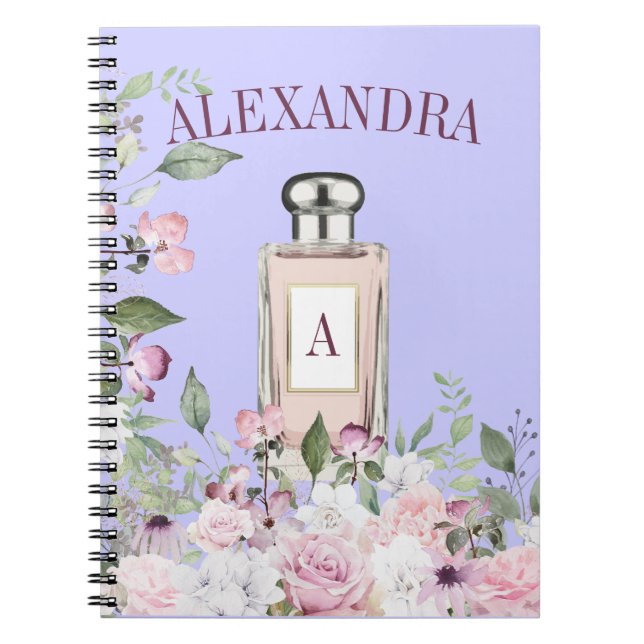 Blommigt Lila Parfym Flaska Söt Monogram Anteckningsbok (Framsidan)