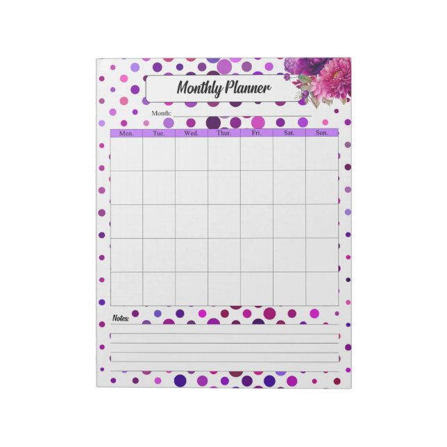 Blommigt Lila Polka dots _ Månadsplanering Anteckningsblock (Roterad)
