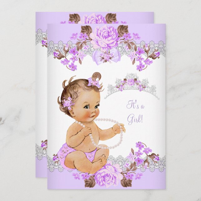 Blommigt Lila Princess Baby Shower Brunette Girl Inbjudningar (Fram/baksida)