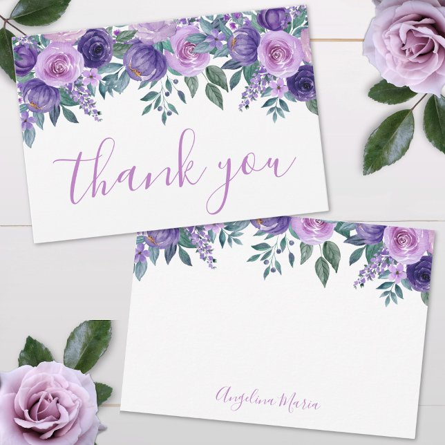 Blommigt Lila Quinceañera Birthday Tack Kort (Floral Purple Quinceañera Birthday Thank You Card)