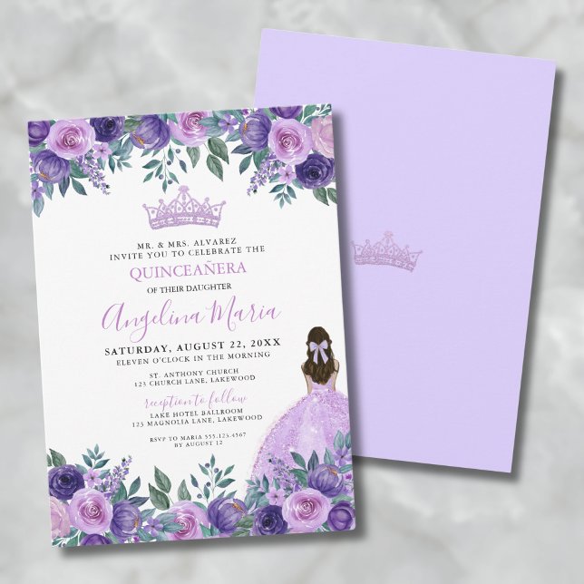 Blommigt Lila Quinceanera-inbjudan Inbjudningar (Floral Purple Quinceanera Invitation)