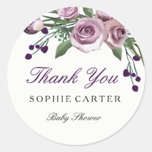 Blommigt Lila Ro baby Shower Tack! Sticker Runt Klistermärke