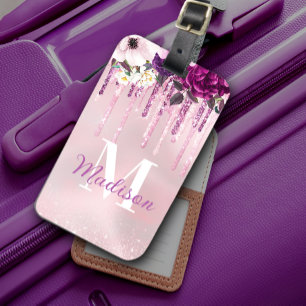 Blommigt Lila rosa dropping glitter monogram Bagagebricka