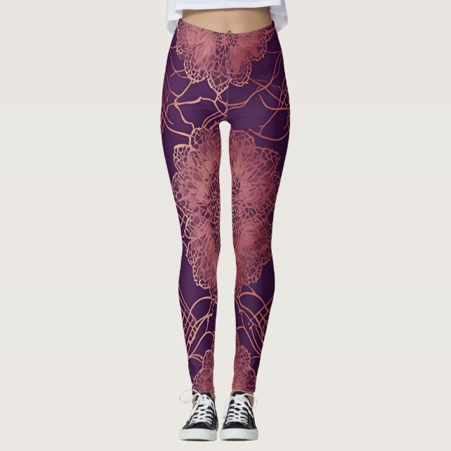 Blommigt Lila Rosegold AI art Leggings (Framsida)