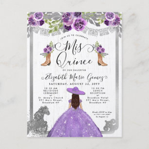 Blommigt Lila Silver Charra Boot Horse Quinceanera Inbjudan Vykort