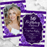 Blommigt Lila Silver Foto 50:e födelsedagen Inbjudningar<br><div class="desc">Femininininbjudan till elegantens blommigt på 50 års födelsedag med ditt foto på baksidan av kortet. Glam lila vit design med faux glitter silver. Funktioner rand, lila ro, skriptteckensnitt och kontur. Perfekt för en snyggt vuxen under firande party. Anpassa med dina egna detaljer. Kan anpassas för vilken ålder som helst! Skrivna...</div>