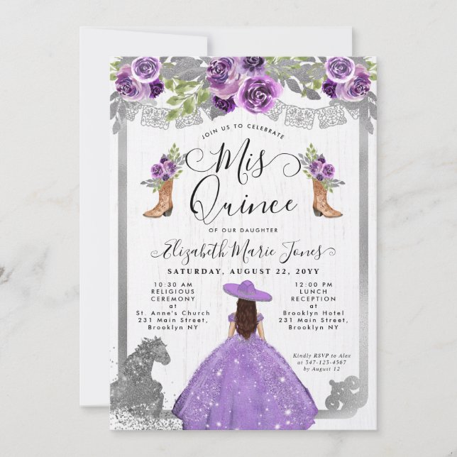 Blommigt Lila Silver Glam Horse Charra Quinceanera Inbjudningar (Framsida)