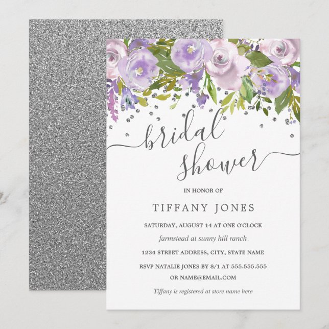 Blommigt Lila Silver Konfetti-Möhippa Inbjudningar (Fram/baksida)