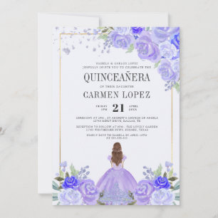Blommigt Lila & Silver Princess Tiara Quinceañera Inbjudningar