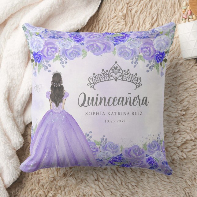 Blommigt Lila Silver Princess Tiara Quinceanera Kudde (Filt)